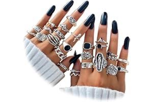 IFKM Vintage Silver Knuckle Rings Set for Women, Stackable Joint Finger Statement Rings Bohemian Retro Hollow Carved Midi Rings, Boho Halloween Skeleton Skull Snake Heart Chunky Stacking Rings Pack