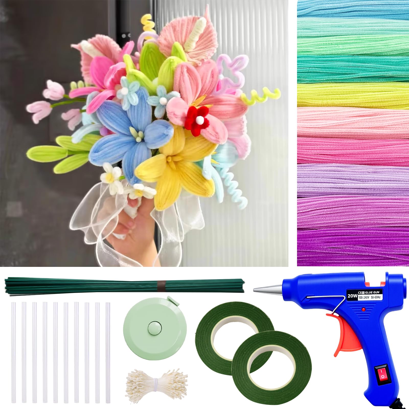 View 1 of 500 Pcs Cleaners for Crafts – 10 Colors Chenille Stems with Glue Guns & Tape Measure – Perfect for DIY Projects, Holiday & Room Decorations, Arts and Crafts Activities (Macaron, 12in x 8mm)