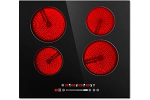 Euhomy 4 Burners Cooktop 24 inch, 220V Electric Stove Top Burner, 16 Level and Touch Control, 6000W Built-in Electric Burners for Cooking, Child Lock, Timer, Residual Heat Indicator, No Plug