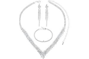 Silver Wedding Jewelry Set for Women Sparkly Rhinestone Earrings Necklace Bracelet Sets Prom Bridal Costume Jewelry Gifts Hyp