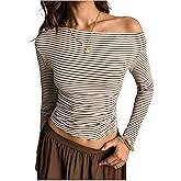 Milumia Women's Striped Off The Shoulder Tee Asymmetrical Ruched Long Sleeve Fitted Y2k Crop Top
