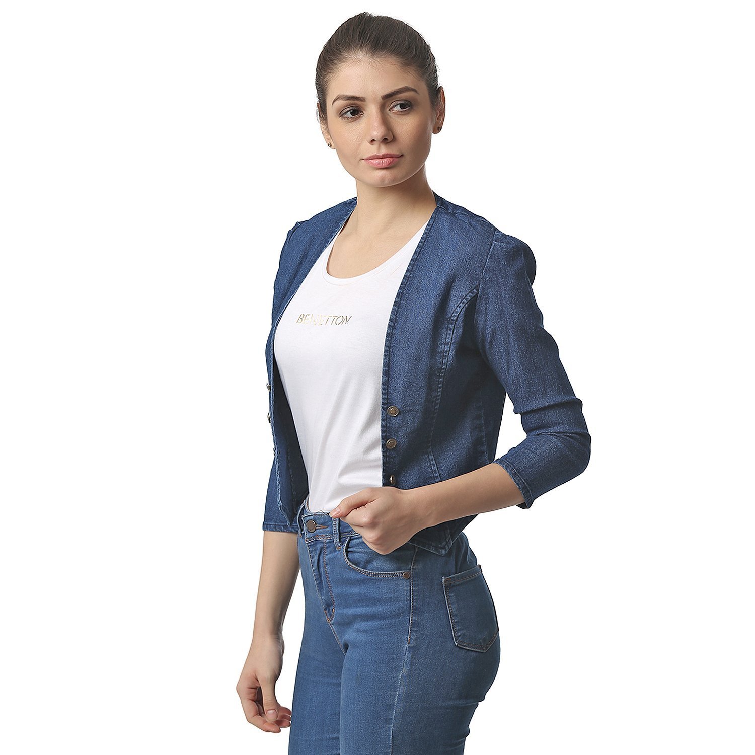 my swag blue denim 3/4 sleeve shrug for women