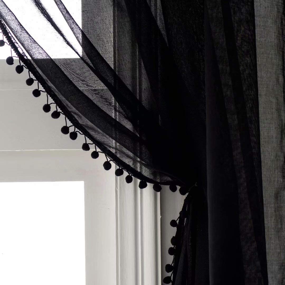 MISS SELECTEX Linen Look Pom Pom Tasseled Sheer Curtains - Rod Pocket Voile Semi-Sheer Curtains for Living and Bedroom, Set of 2 Curtain Panels (52 x 84 inch, Black)