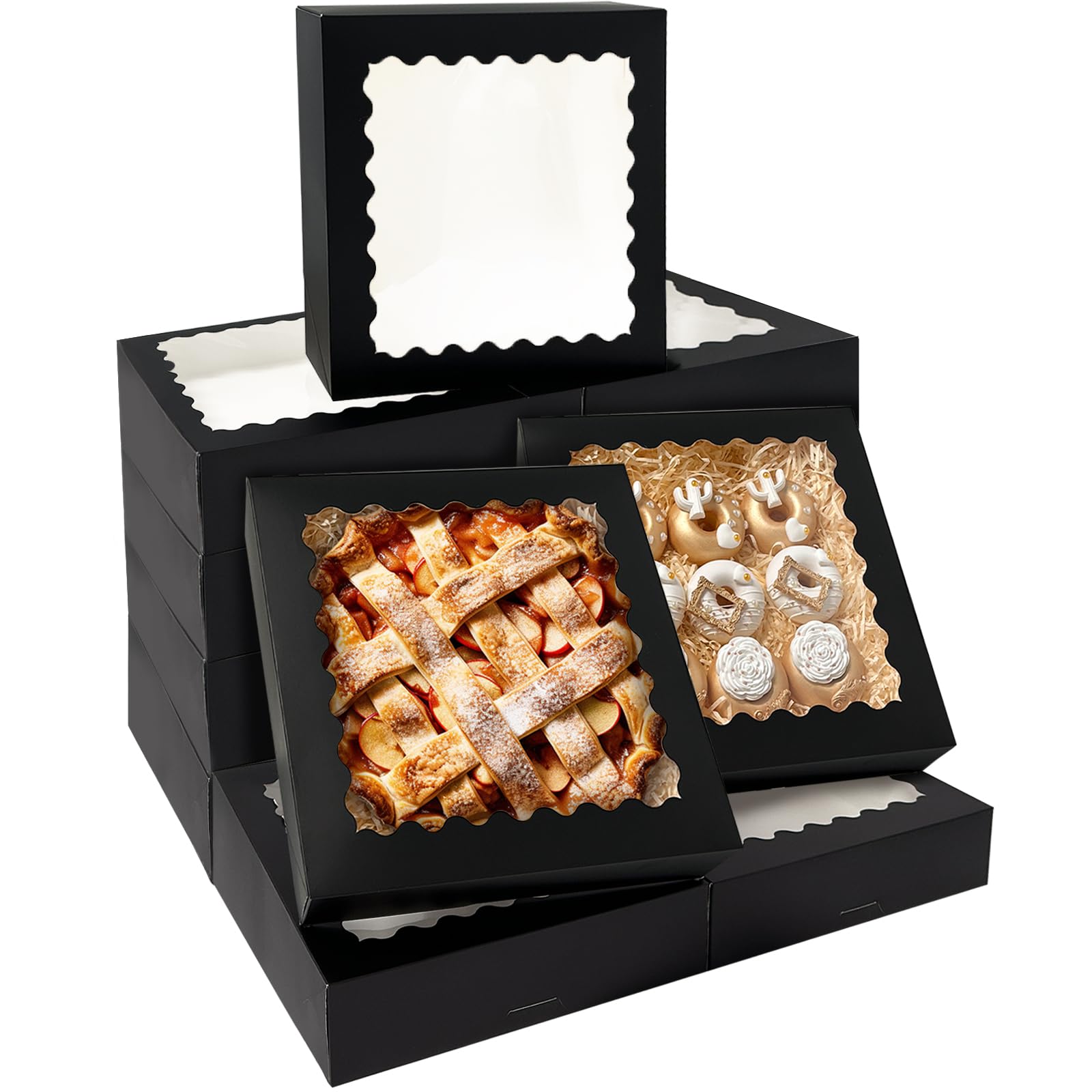 Photo 1 of Bakepacker 20pcs Black Pie Boxes 12x12x3 inches Easy Assemble Macaroon Cookie Boxes Bakery Boxes with Window for Bakery (Auto-pop Up)