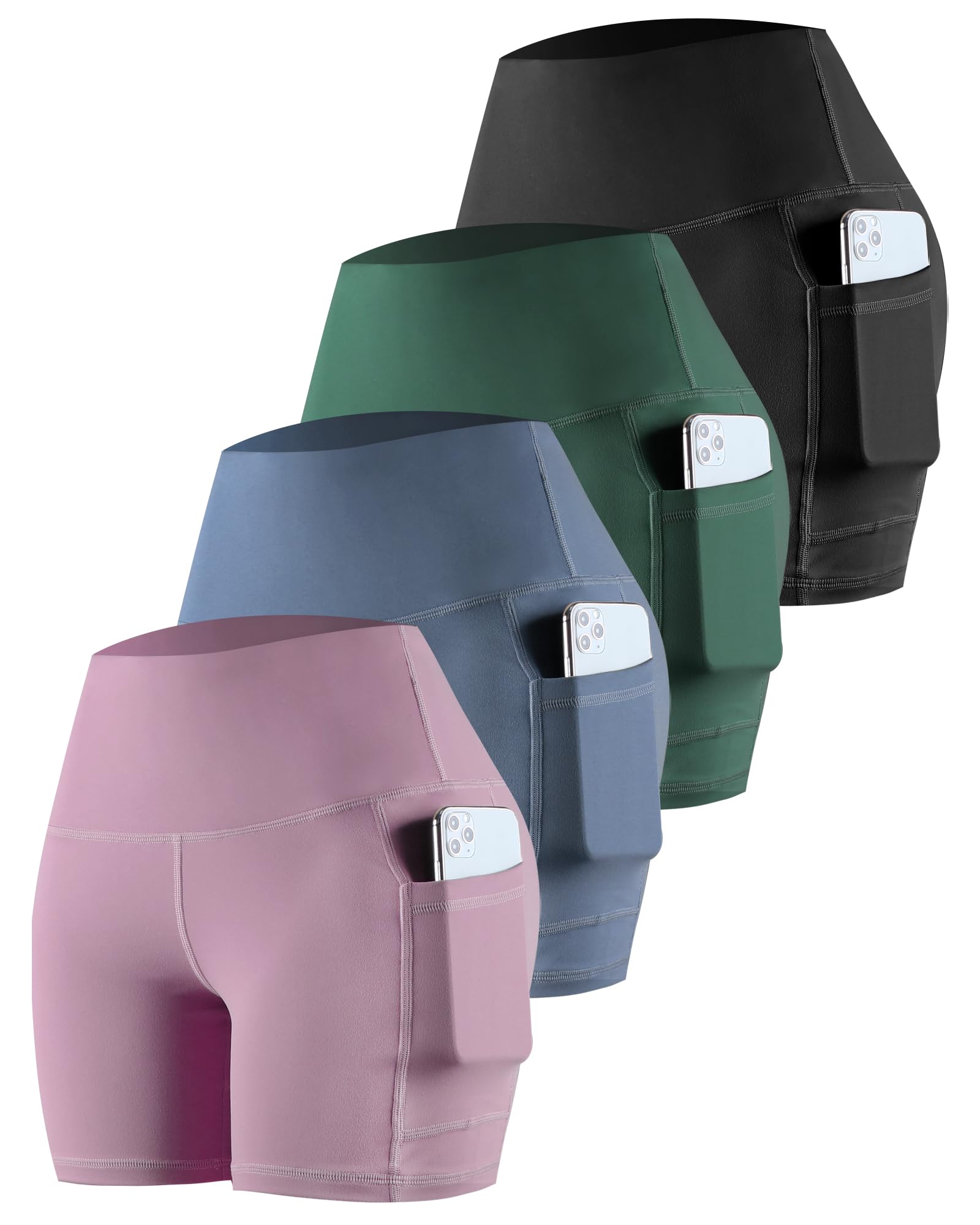 Photo 1 of CHRLEISURE Womens Biker Yoga Shorts with Pockets: High Waisted Tummy Control Spandex Workout Athletic Gym Shorts 4 Packs(5'' Black,Pink,Blue,Green, M)
