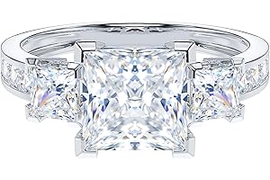 THELANDA 14k White Gold All Princess Cut Genuine Moissanite or Simulated Diamond Three Stones Engagement Ring 2CT Main Stone