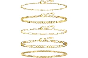 adoyi Gold Bracelets for Women, 14K Gold Plated Stackable Bracelet Stack Set Adjustable Charm Paperclip Chain Cuban Link Layered Waterproof Jewelry Sets Gifts for Womens 6.0/6.8/7.2"