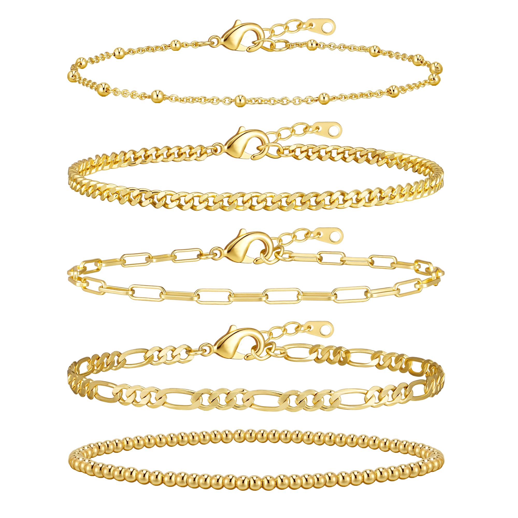 adoyi Gold Bracelets for Women, 14K Gold Plated Stackable Bracelet Stack Set Adjustable Charm Paperclip Chain Cuban Link Layered Waterproof Jewelry Sets Gifts for Womens 6.0/6.8/7.2