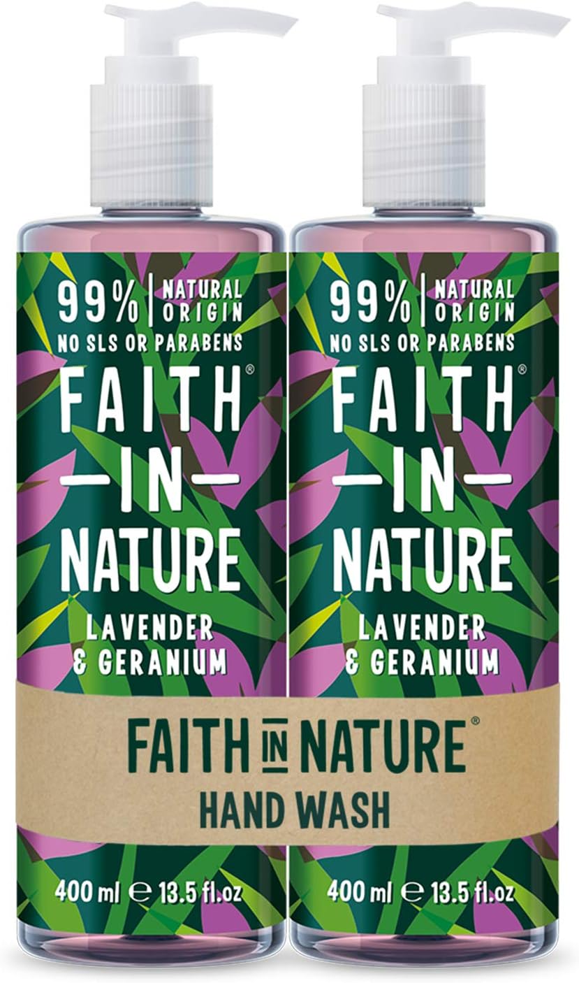 Faith In Nature Natural Lavender and Geranium Hand Wash Set, Nourishing, Vegan and Cruelty Free, No SLS or Parabens, 2 x 400 ml