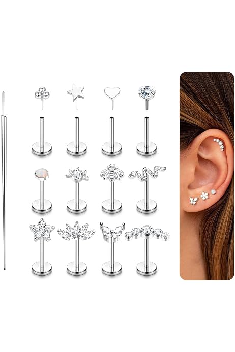 CASSIECA 25-Piece Flat Back Earring Set - Hypoallergenic Surgical Steel Studs & Hoops For Cartilage, Tragus, Helix Piercings (Gold & Silver)