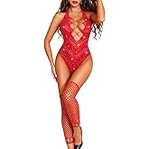 RSLOVE Sexy Lingerie for Women Bodysuit - Womens Fishnet Teddy Outfits Mesh Rhinestone Lingerie Set Cut Out Exotic Nightwear