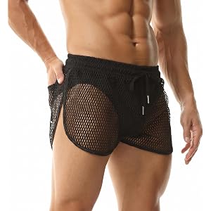 Sombralull Men's Mesh Shorts Sexy See Through Fishnet Underwear Swimwear Rave Hoochie Daddy Shorts