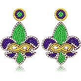 Mardi Gras Earrings Handmade Beaded Jester Dangle Earrings Fun Carnival Parade Fat Tuesday Party Earrings Purple Green Gold King Cake Drop Dangling Earrings Festive Holiday Mardi Gras Jewelry Gift for Women Girls
