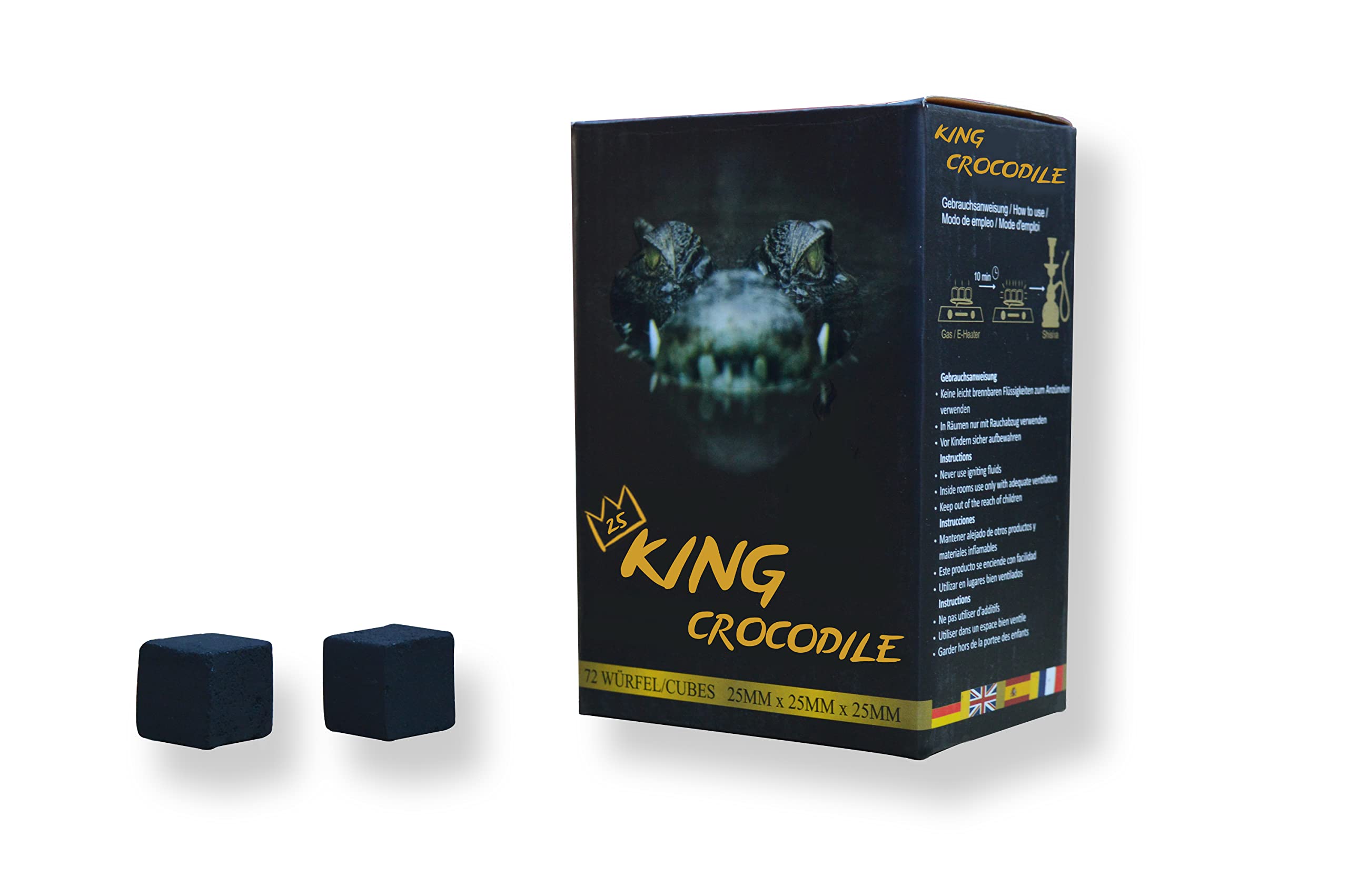 King Crocodile Coconut Charcoal with Long Burning Time, 25 x 25 mm, Sustainable Natural Charcoal, Low Ash, Low Smoke, Barbecue Charcoal, Charcoal Cube in Premium Quality (Consumer, 3 kg)
