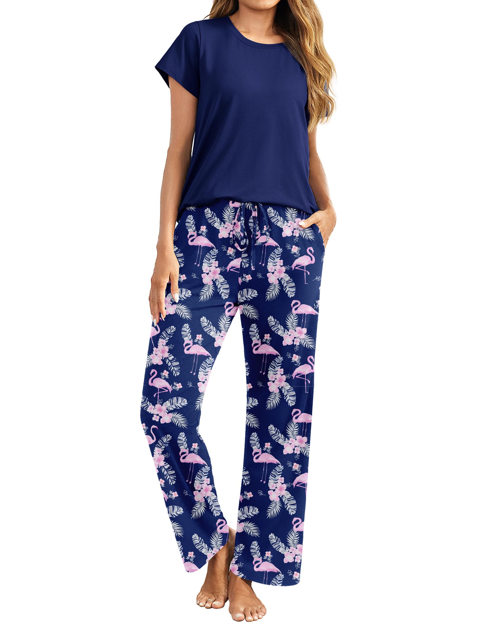 Photo 1 of *PICTURE ONLY USED AS REFERENCE/ DESIGN MAY SLIGHTLY VARY* Ekouaer Pajama Sets for Women 2 Piece Short Sleeve Pj Sets With Long Printed Pants Loose Lounge Sets Blue-navy Flamingo Medium