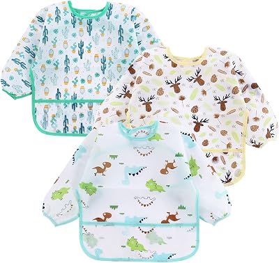 PandaEar 3 Pack Baby Weaning Bibs with Sleeves Waterproof 6-24 Months