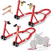 VEVOR Motorcycle Stand Lift, 850lbs Capacity Front Rear Combo Stand Lift, Front Wheel Dual-Fork Stands, Rear U+L Fork Swingarm Spool Stands, for Most Yamaha Honda Kawasaki Suzuki Motorcycles, Red