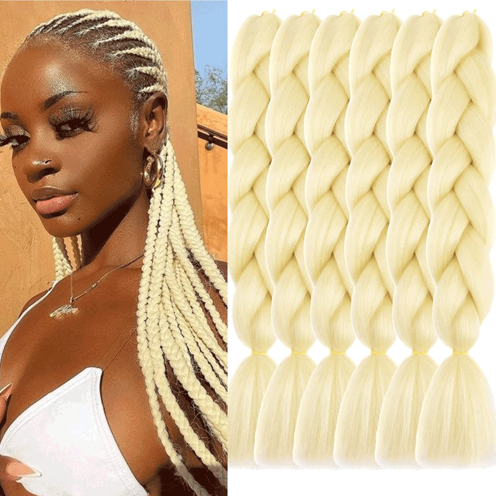 Xtrend 6 Packs 24 Inch Jumbo Braiding Hair Extensions for Women Blonde High Temperature Kanekalon Braiding Hair for Twist Crochet Box Braids(6Packs,613#) โ image 1