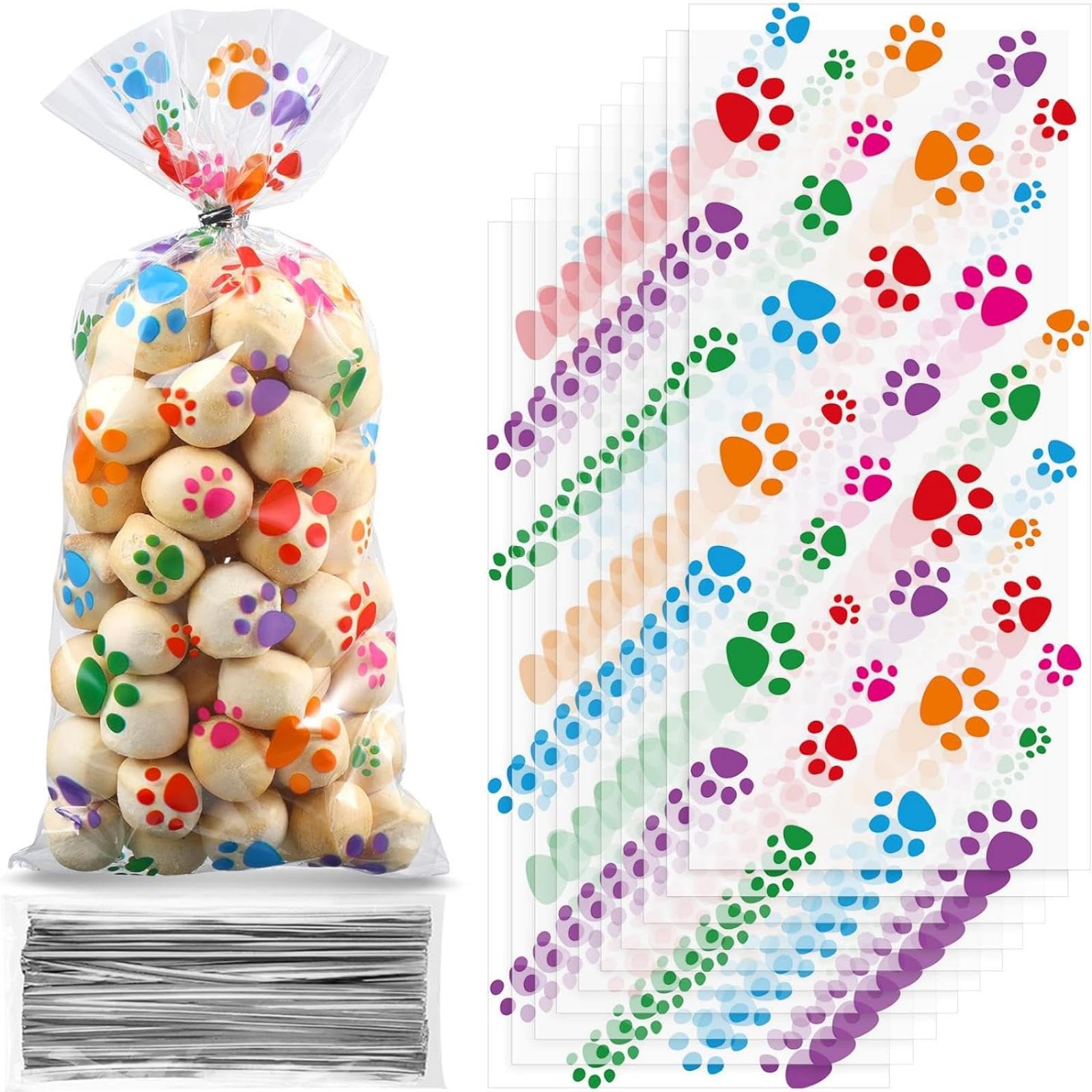 Photo 1 of Blulu 200 Pcs Pet Paw Cellophane Bags Dog Party Favor Heat Sealable Treat Paw Gift Cat Candy Bags with 200 Pcs Silver Twist Ties for Pet Party Favors (Colorful)