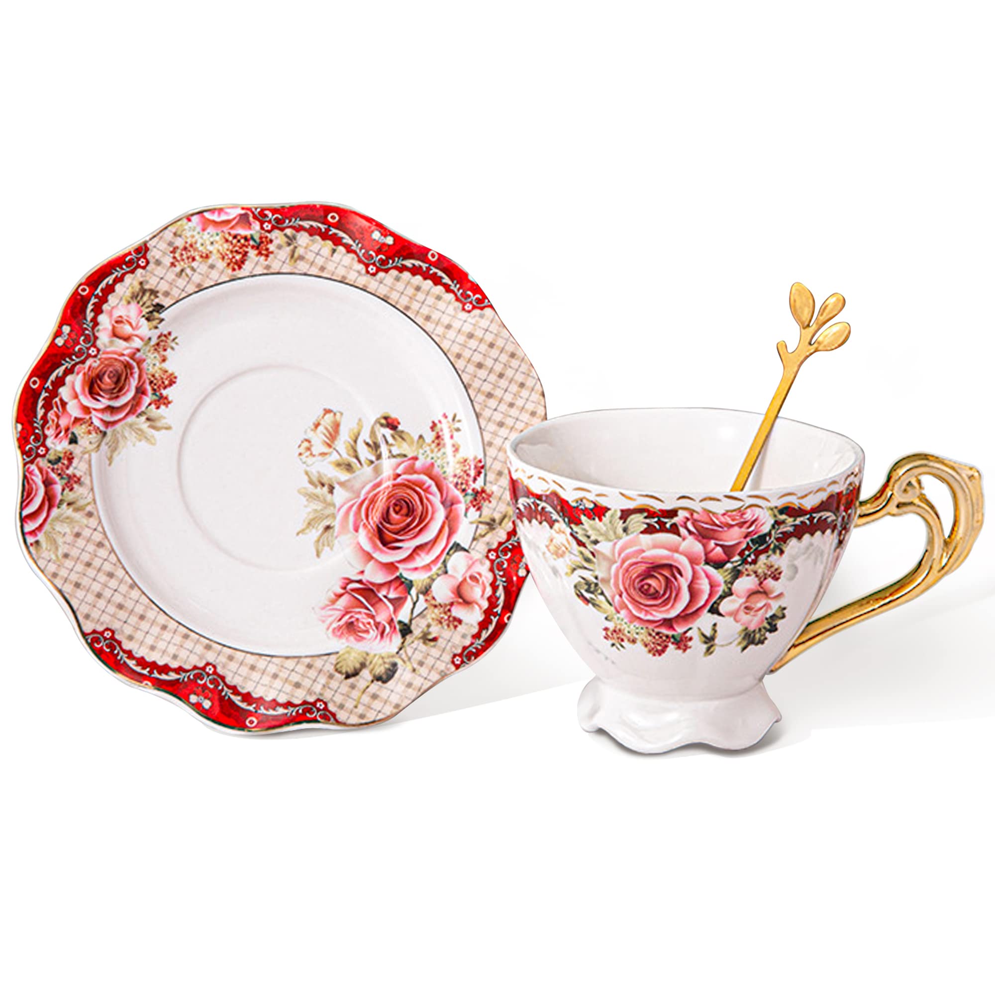 fanquare Red Floral Coffee Cup with Saucer, Porcelain Tea Cup with Gold Trim, Coffee Tea Cup Set for Wedding