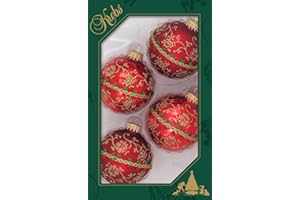 Glass Christmas Tree Ornaments - 67mm/2.63" [4 Pieces] Decorated Balls from Christmas by Krebs Seamless Hanging Holiday Decor (Red & Velvet w/Glitterlace and Braid)