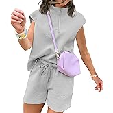 UOUA Women Two Piece Summer Outfits Casual Sleeveless Shirt & Shorts Set Workout Sweatsuit Lounge Track Suit
