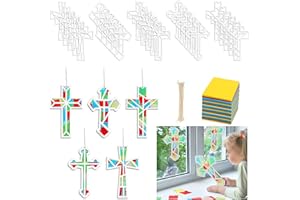 Tenceur 100 Pcs DIY Cross Paper Suncatcher Crafts 100 White Card 495 Colored Tissue Paper with 50 Rope Christian Gifts for Kids Sunday School Crafts Kids' Paper Craft Kits for Girls Boys
