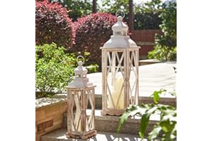 Glitzhome Large Farmhouse Wooden Metal Lantern Set of 2, 28.74" H/20.47" H Rustic Decorative Floor Candle Lanterns, Distressed Hanging Lanterns for Home Décor White (No Glass)