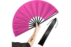 OMyFans Large Rave Folding Hand Fan - Foldable Chinese Tai Chi Kung Fu fan - Ideal for Festivals, EDM, Dancing, Hot Flashes, Church and Gifts (Pink)