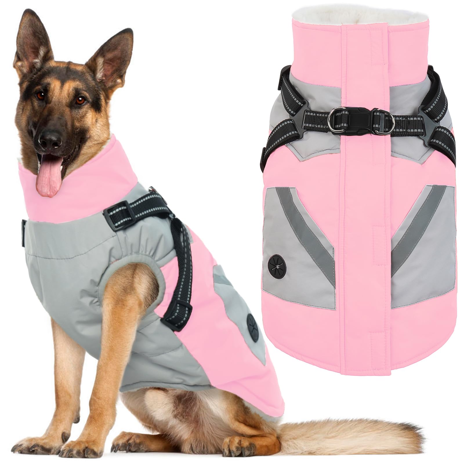 IECOii Dog Winter Coat with Harness Built in, Waterproof Windproof Dog Coats for Large Dogs, Thermal Fleece Cold Weather Jackets with Zip, Outdoor Warm Snow Jacket Reflective, Pink, XXXL Image