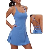 M MOTEEPI Women's Workout Golf Dress with Pockets Built-in Bra & Shorts Sleeveless Open Back Tennis Active Dresses