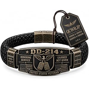 DD-214 Veteran Honor Bracelet - Handmade By VETERAN Military Tribute Gift | Rugged Black Braided Strap with Antique Metal Cen