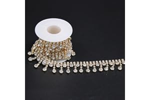 Jerler Gold Rhinestone Tassel Fringe Trim Crystal Close Chain Applique for Sewing Crafts Ideal Wedding Party Clothing DIY Decoration, 1 Yard 0.87"W