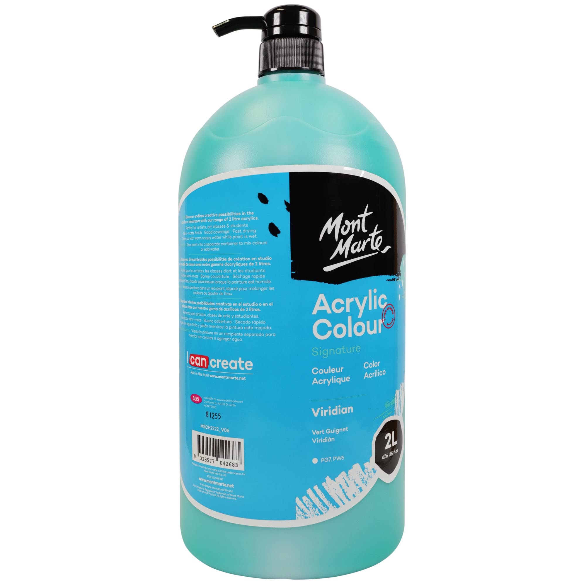 MONT MARTE Discovery School Acrylic, Viridian, 1/2 Gallon (2 Liter). Ideal for Students and Artists. Excellent Coverage and Fast Drying. Pump Lid Included.