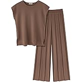 Ekouaer Lounge Sets for Women Two Piece Outfits Knit Cap Sleeve Tops Wide Leg Pleated Pants Casual Dressy Sweater Sets