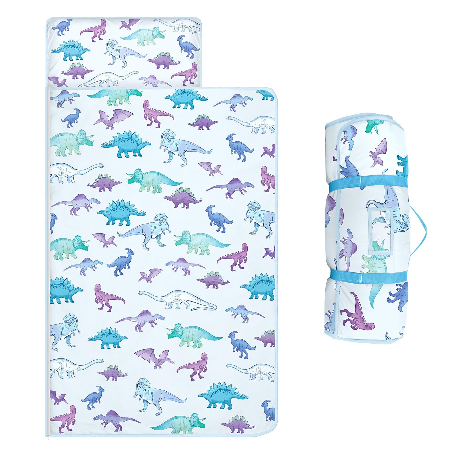 Kids Sleeping Bag,Nap Mat with Removable Pillow and Blanket,Warm Toddler Slumber Bag 150x60cm for Toddlers Boys Girls, Roll Up Kids Sleeping Mat for Bedroom Daycare Kindergarten,Blue Dinosaur — image 1