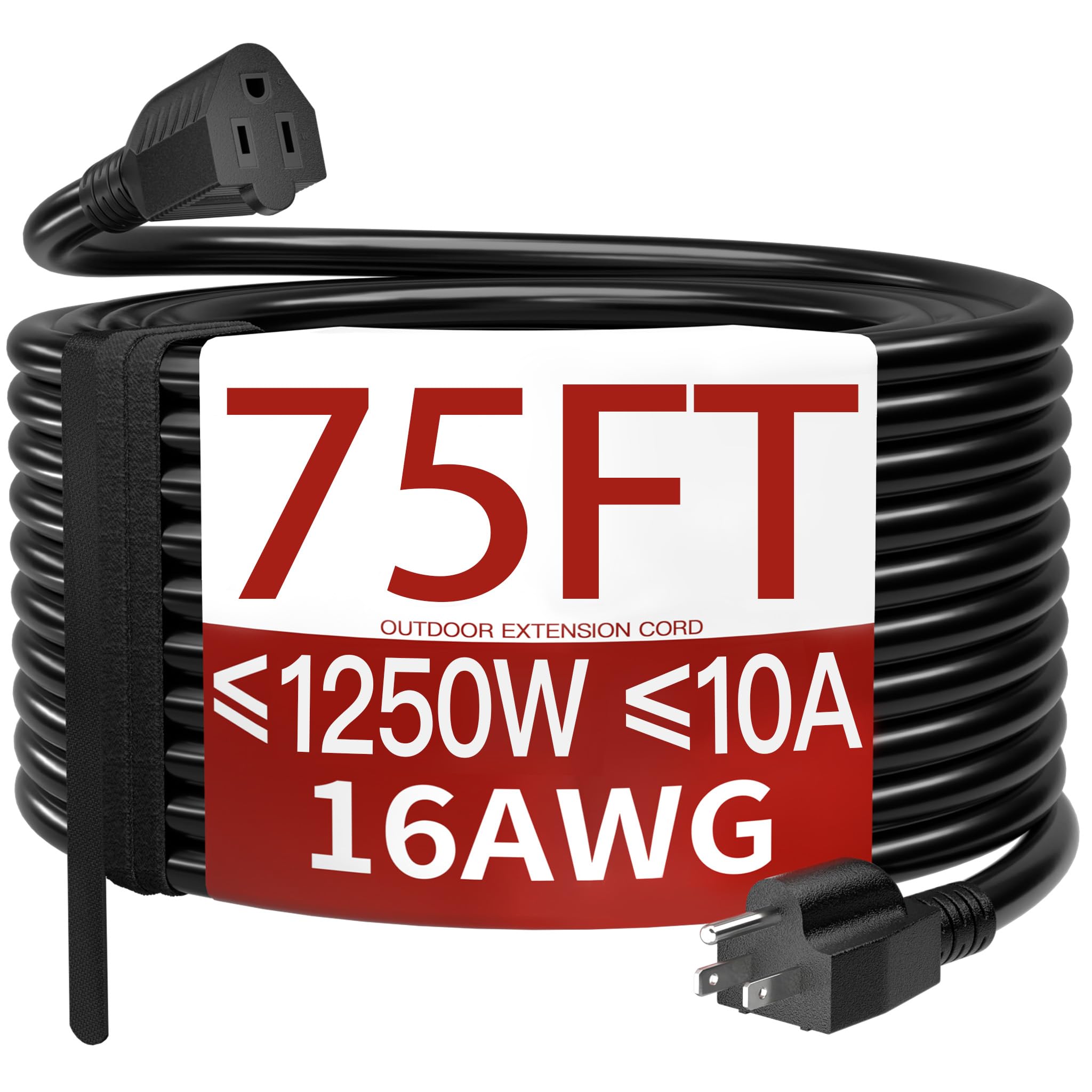 Photo 1 of 16/3 75 Ft Outdoor Extension Cord Waterproof, Weatherproof & Flame Retardant Black 3 Prong Power Cord Outside for Lawn & Garden, 10 Amps 1250 Watts 125 VAC 16AWG SJTW, ETL Listed