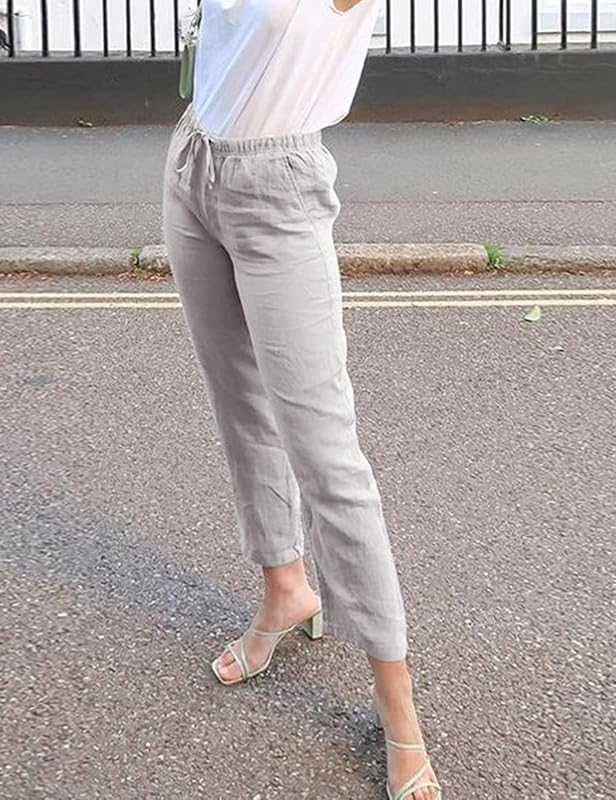 Yuson Donna Pantaloni Tinta Unita Casual con Coulisse Pants in Cotone e Lino con Tasche