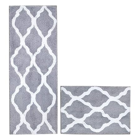 Pauwer Mikrofaser Badematte Rutschfeste Badteppiche, Maschine Waschbar Badvorleger Sets,45 * 65cm+45 * 120cm,Grau