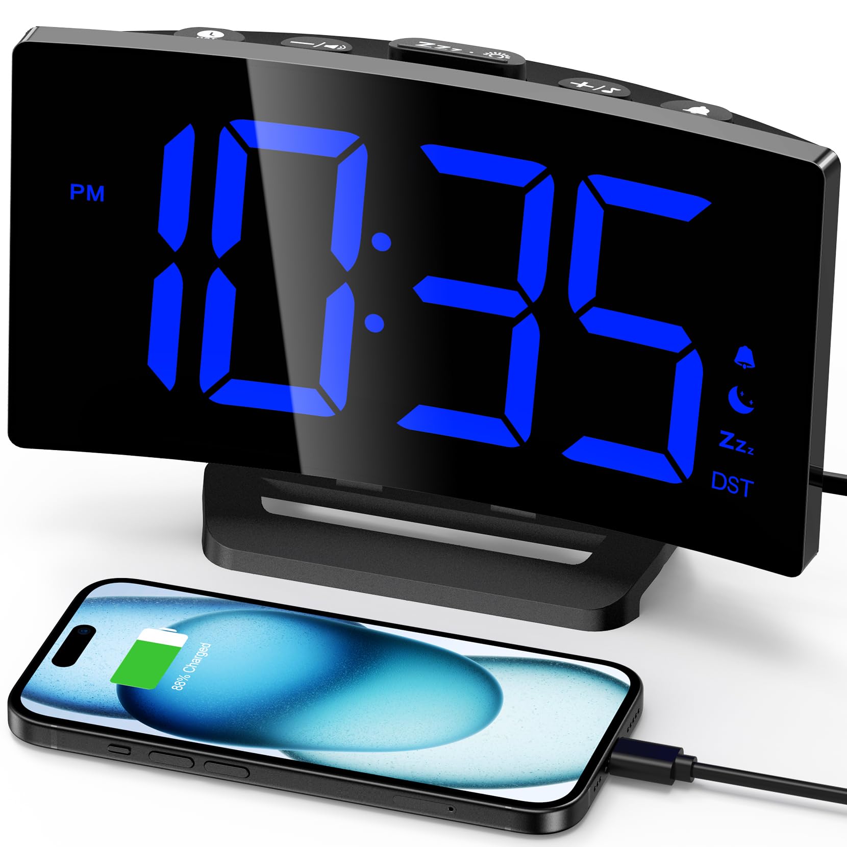 Photo 1 of GOLOZA Digital Alarm Clock for Bedrooms, Digital Clock with Modern Curved Design, Conspicuous Blue LED Numbers, 5 Levels Brightness+Off, 2 Volume, 3 Alarm Tones, Snooze, Power-Off Memory, 12/24H