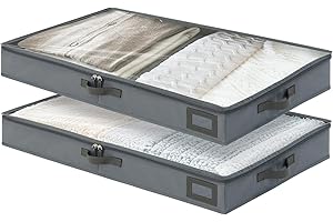 PLUMGEAN 4-Inch Under Bed Storage Containers (2-Pack) | Sturdy Sidewalls | Clear Cover & Label Holder | Foldable Fabric Closet Bin Organizer | Stores Clothing/Blankets/Sweaters/Sheets