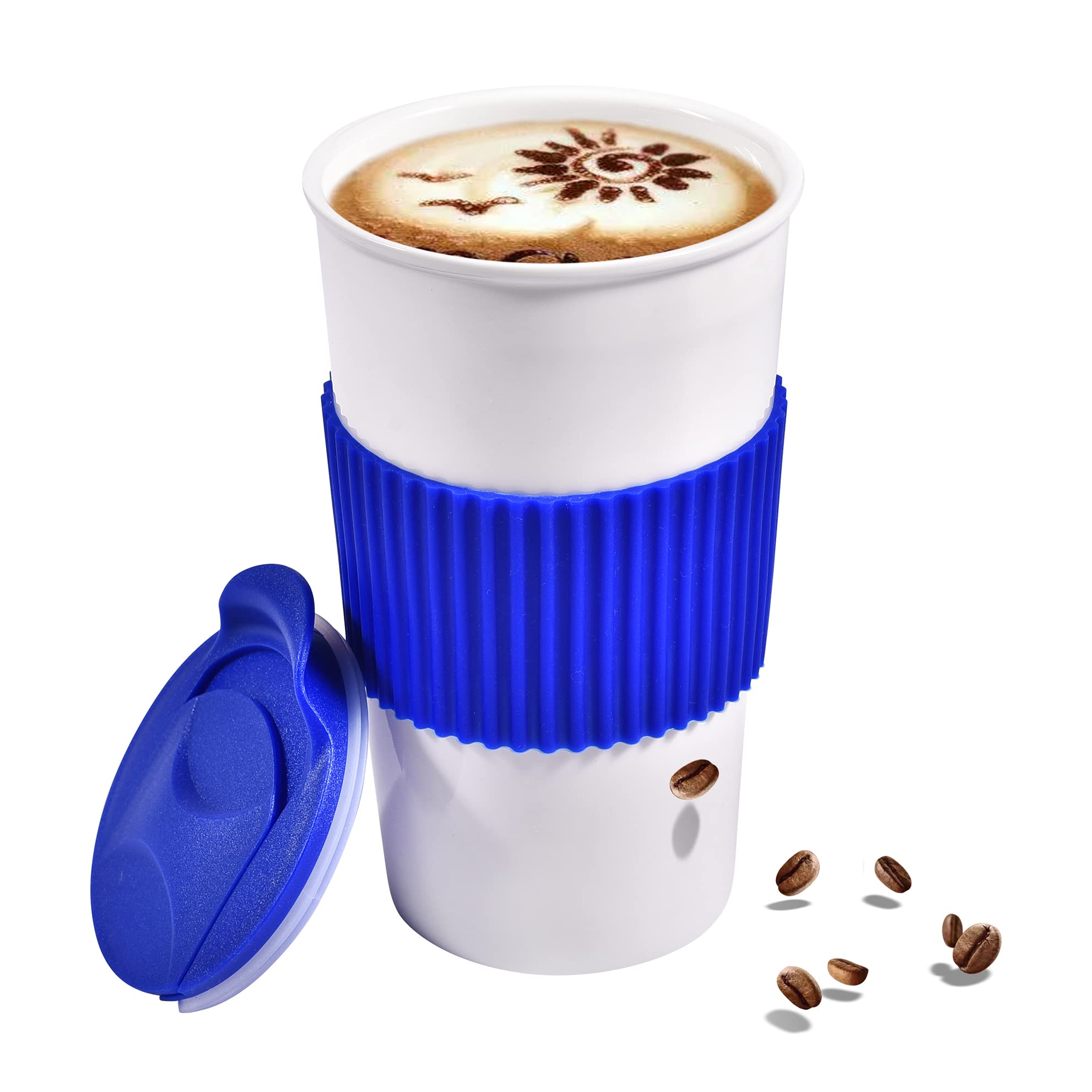 Photo 1 of 12 oz Travel Coffee Mug, Ceramic Double Wall Insulated Mug No Handle with Splash Resistant Lid & Non-Slip Silicone Sleeve, Travel Must-Have White Coffee Cup, Reusable, Gifts For Women & Men, Blue