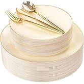 I00000 150Pcs Ivory Plastic Plates with Gold Rim,Nice Disposable plates,Gold Plastic Plates,Ivory Disposable Plates Set include 30 Dinner Plate,30 Dessert Plate,90 plastic Silverware Set for Party