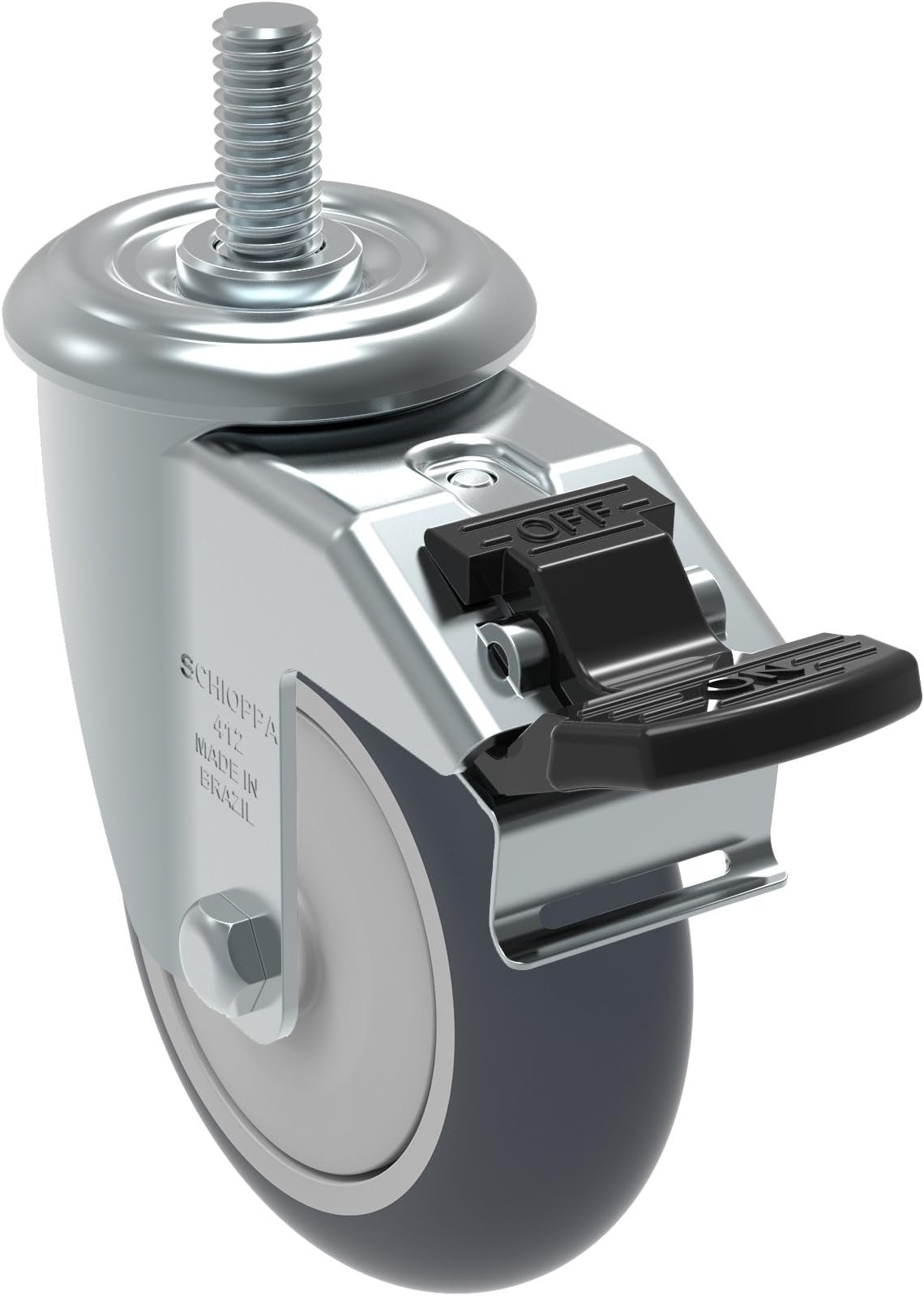 Schioppa GLEEF 412 TBE G L12 Series 4" x 1-1/4" Diameter Swivel Caster with Total Lock Brake, Non-Marking Thermoplastic Rubber Precision Ball Bearing Wheel, 3/8" Diameter x 1-1/2" Length Threaded Stem, 220 lb