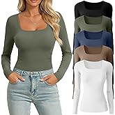 Huukeay 5 Pack Long Sleeve Shirts for Women Square Neck Tops Slim Multipack Casual Basic Tee Layer Undershirts