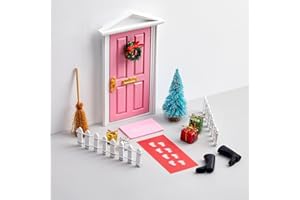 Civaner Magic Fairy Doors Christmas Decorations Miniature Tiny Wooden Tooth Door Mini Enchanted Outdoor Decor for Christmas Accessories Fairy Tale(Pink Door, Pink Mat)