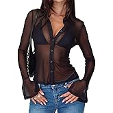 Sheer Button Down Shirts for Women See Through Mesh Long Sleeve Button Up Blouse Shirt Sexy Going Out Tops Streetwear
