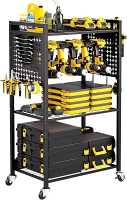 Chariot à Outils, 4 Niveaux, Chariot Servante d'Atelier à roulettes, Capacité de Charge 68 kg, Rangement d'Outils Électriques, Support de Perceuse, pour Garage, Atelier de Réparation, Noir