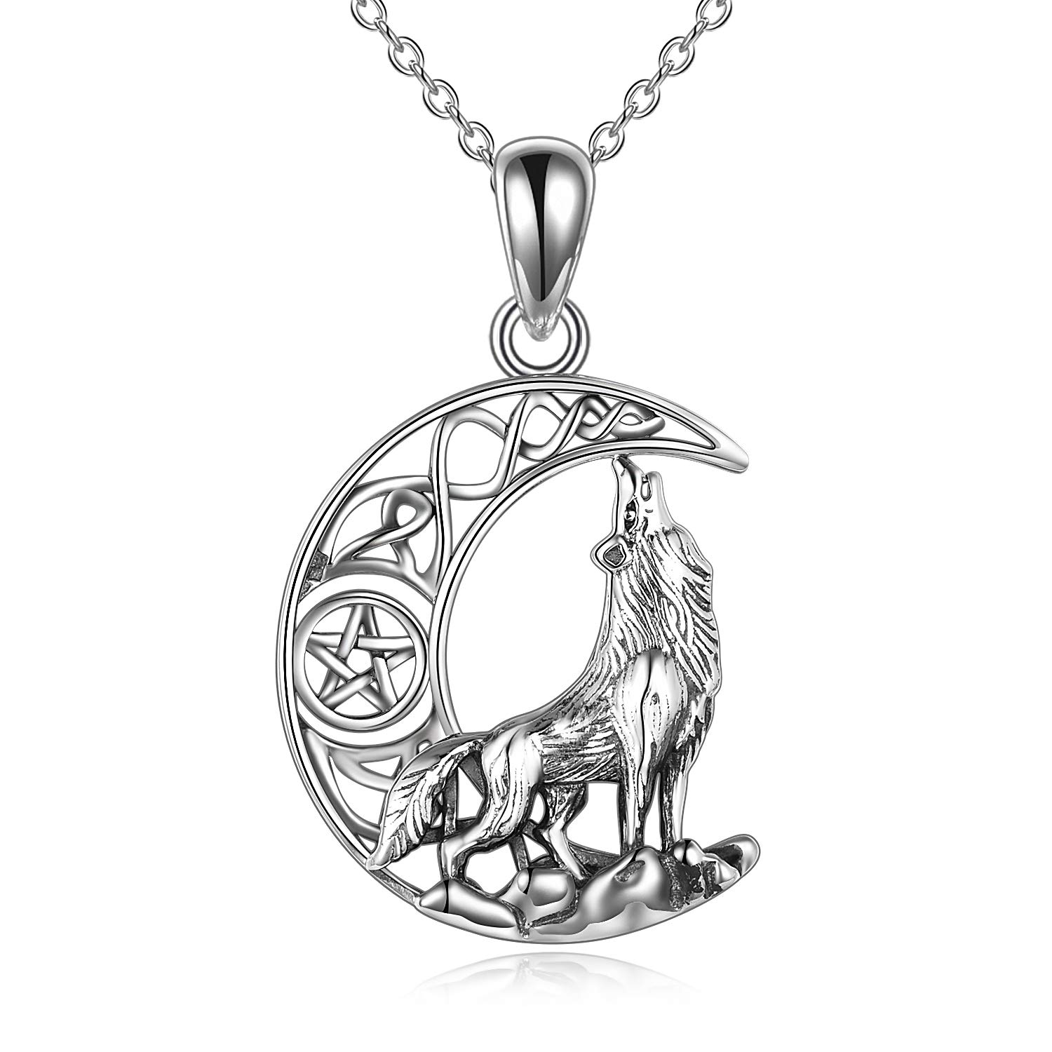 YFN Sterling Silver Wolf Necklace for Women Celtic Knot Moon Wolf Pendant Jewellery Gifts for Men Women (silver 2-wolf necklace)