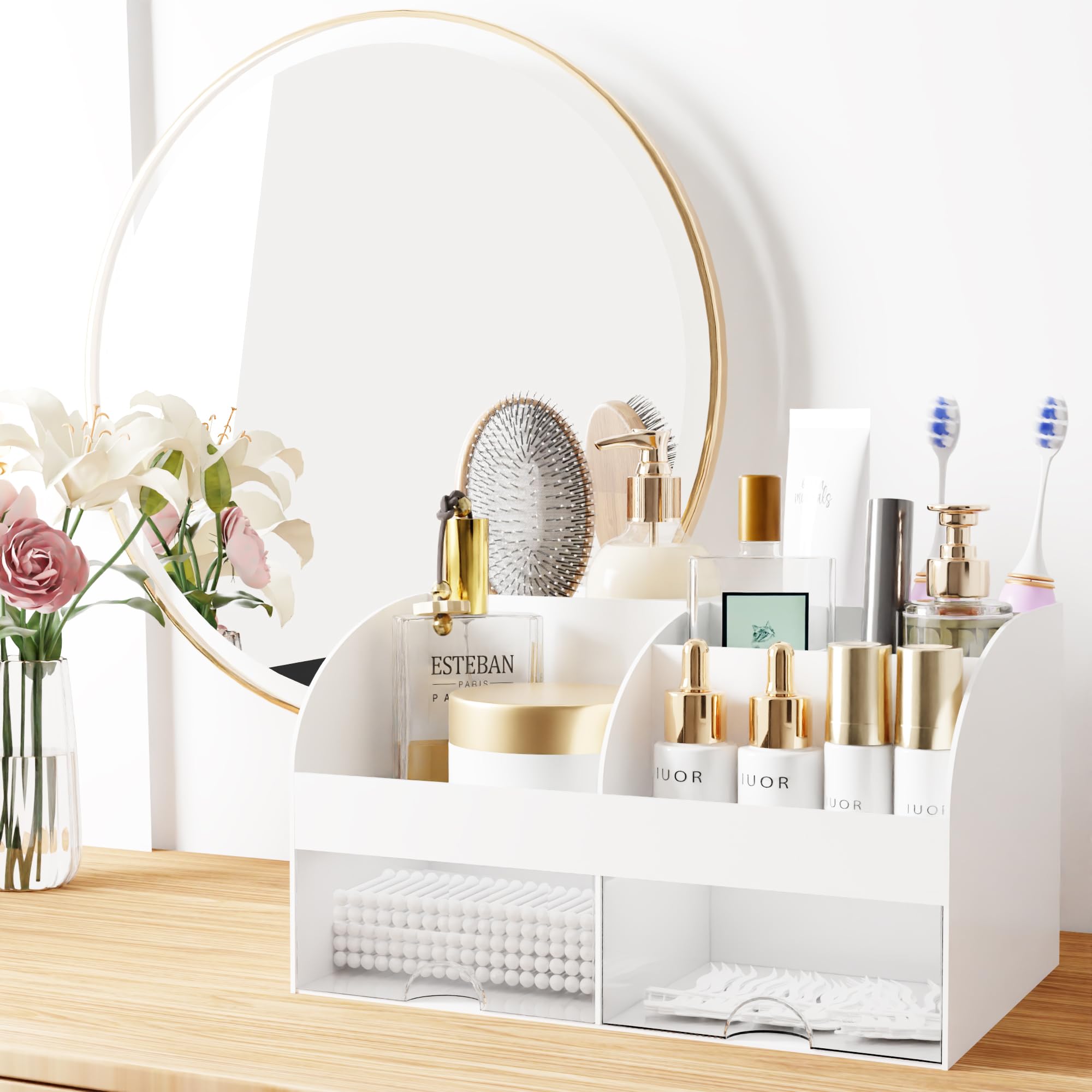 Makeup Organizer with Drawers, Cosmetic Storage for Dresser Vanity and Bathroom Countertop, Beauty Holder for Lipstick Brush, Skincare Organizer for Vanity, Cosmetic Display Case (White)
